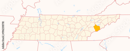 Map of the County Sevier (Tennessee, US) showing the Federal State with the highlighted County