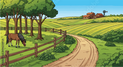 A lush green vineyard landscape nestled among rolling hills and scattered trees under a bright summer sky in the heart of the Tuscan countryside