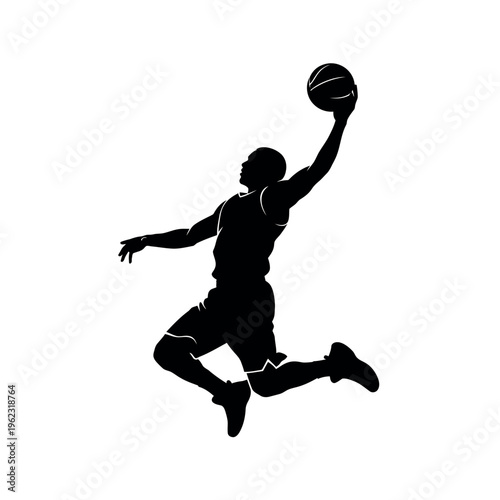 Basketball Player Silhouette Jumping for Slam Dunk Action