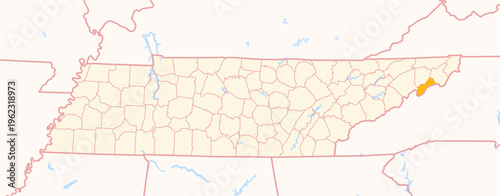 Map of the County Unicoi (Tennessee, US) showing the Federal State with the highlighted County