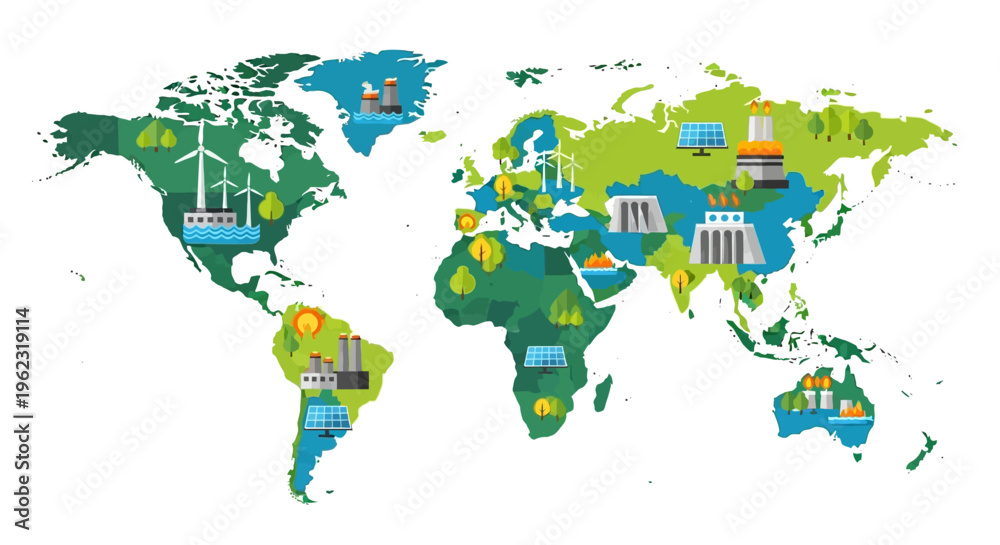 Fototapeta premium Global Energy Map: Renewable & Non-Renewable Power Sources, Sustainable Development & Climate Change Illustration