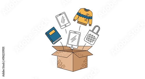 Donation Box with Assorted Items for Decluttering, Second-Hand Sales, and Sustainable Living - Flat Design Illustration