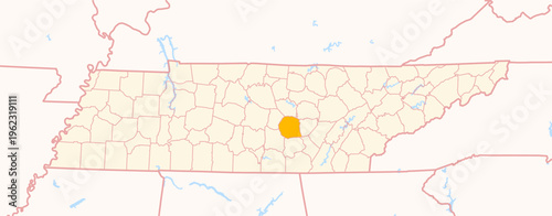 Map of the County Warren (Tennessee, US) showing the Federal State with the highlighted County