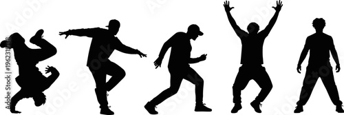 Breakdance dancer silhouettes set, hip hop street dance poses collection, urban freestyle movement, black vector illustration of dynamic performers
