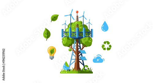 Green Technology Communication Tower with Solar Panels and Wind Turbines, Integrating Nature and Sustainable Energy