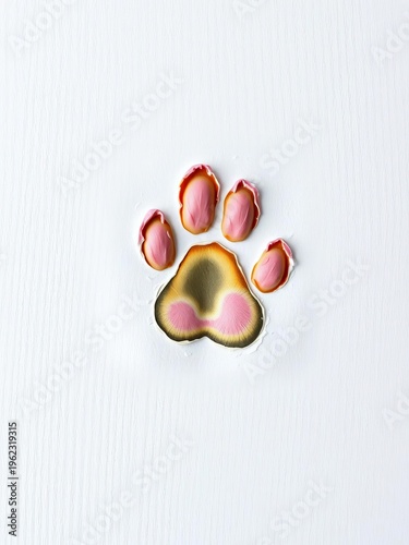 Tiny, delicate kitten paw print in pastel colored paint on a white canvas, suggesting art and innocence,  soft,  art