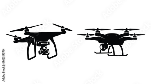 Two drone designs shown in black side and front views silhouette