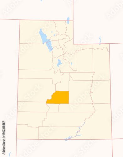 Map of the County Sevier (Utah, US) showing the Federal State with the highlighted County