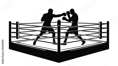 Two boxers engaged in a fierce match within a ring silhouette