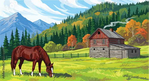 A majestic horse grazes on a lush green meadow nestled within a scenic European mountain valley under a bright summer sky with rolling clouds