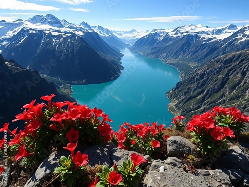 Crimson shelter blooms on granite perch, fjord's sapphire depth beneath snow-kissed peaks,  exploration,  raw