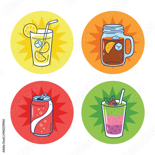 Collection of Refreshing Drinks in Circular Icons.