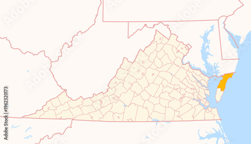 Map of the County Accomack (Virginia, US) showing the Federal State with the highlighted County