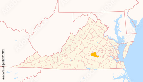 Map of the County Amelia (Virginia, US) showing the Federal State with the highlighted County
