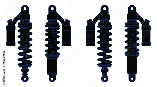 Four blue line art shock absorbers displayed in varying perspectives silhouette