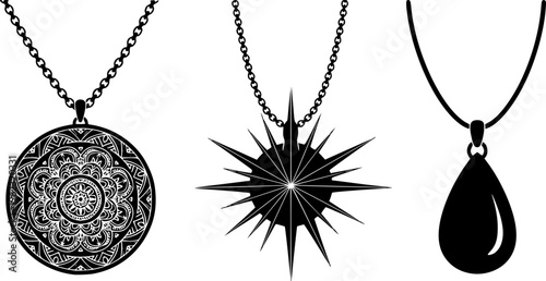 Set of three elegant black silhouette necklaces with intricate ethnic and geometric patterns, minimalist luxury jewelry vector isolated on white.