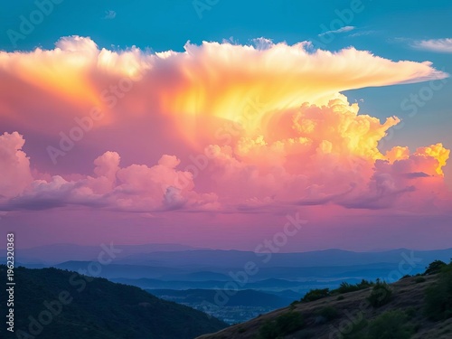 Vibrant sky ablaze with warm hues over a serene landscape, breathtaking horizon,  scenic,  open space