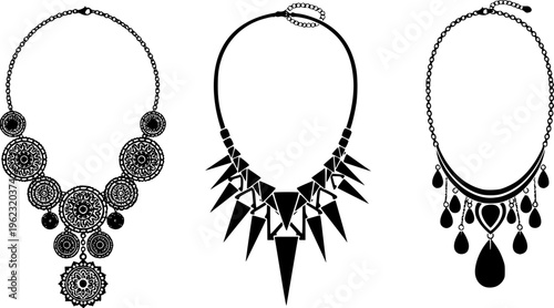 Set of three elegant black silhouette necklaces with intricate ethnic and geometric patterns, minimalist luxury jewelry vector isolated on white.