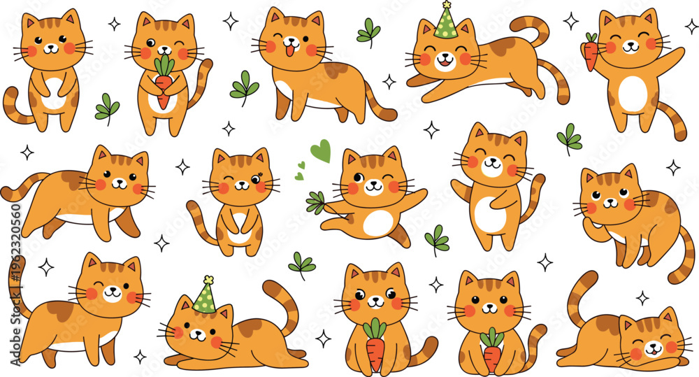 Fototapeta premium Cute cartoon orange cats collection with playful poses, carrots, clovers and party elements, adorable kitten vector set isolated on white background
