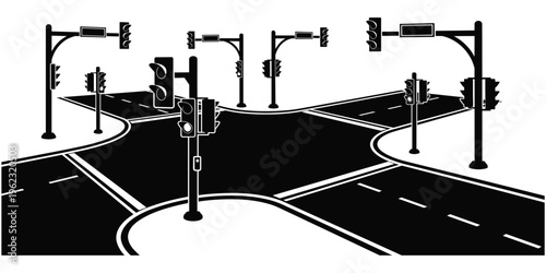 Traffic intersection illustration, urban road design silhouette, multi‑lane junction artwork, traffic lights signal control vector, city infrastructure illustration