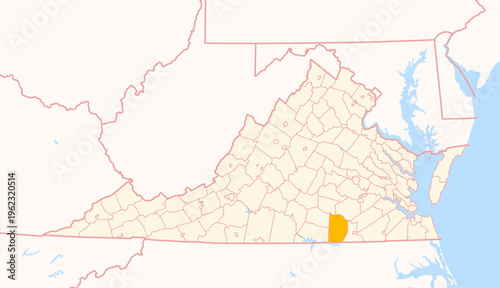 Map of the County Brunswick (Virginia, US) showing the Federal State with the highlighted County