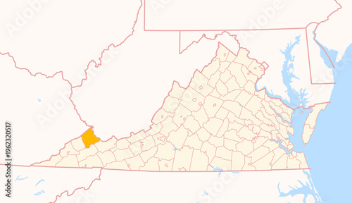Map of the County Buchanan (Virginia, US) showing the Federal State with the highlighted County