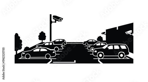 Parking lot with multiple cars and security cameras a stark silhouette