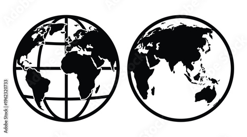 Two circular world maps displayed side by side a stark black silhouette