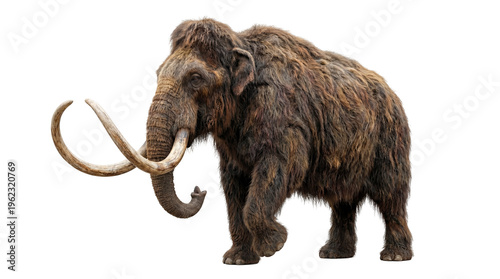 Foto Majestic woolly mammoth with long brown shaggy fur and massive curved ivory tusk