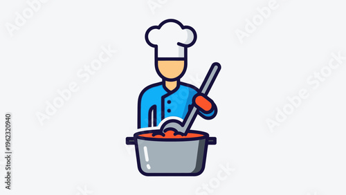 Chef cooking food in pot with ladle