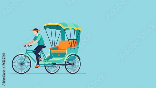 Cyclist driving a teal and orange rickshaw illustration