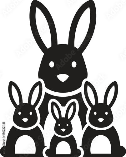 Rabbit family silhouette group with parent and offspring on white backdrop.