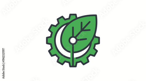 Green energy revolution icon with a cogwheel and a leaf symbolizing sustainability and renewable power