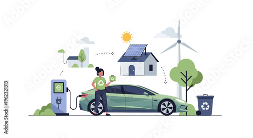 Woman Charging Electric Car with Renewable Green Energy: Sustainable Lifestyle & Eco-Friendly Future