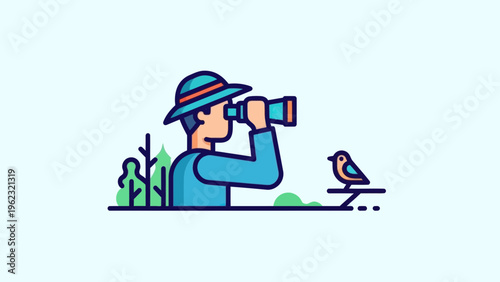 Ecologist observing bird with binoculars in nature