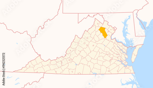 Map of the County Fauquier (Virginia, US) showing the Federal State with the highlighted County
