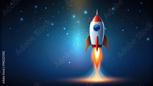 A vibrant red and white rocket ship launches into a starlit night sky, embarking on a thrilling cosmic journey of exploration and discovery