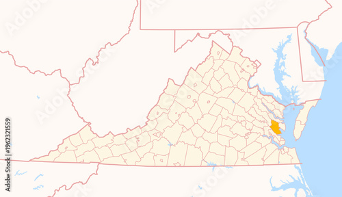 Map of the County Gloucester (Virginia, US) showing the Federal State with the highlighted County
