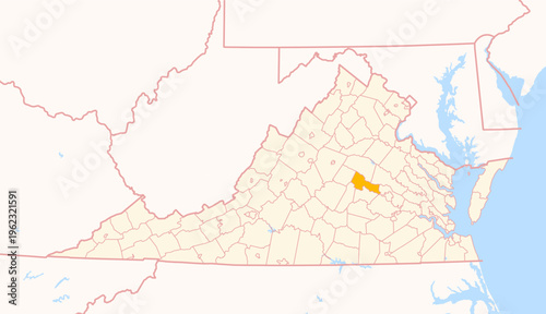 Map of the County Goochland (Virginia, US) showing the Federal State with the highlighted County