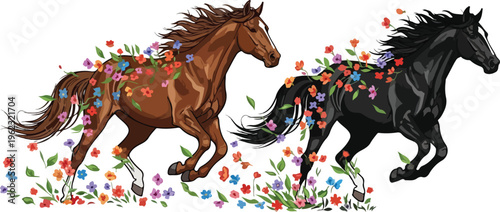 A dynamic black vector silhouette illustration of a wild stallion running with a flowing mane captures the spirit of this majestic equine animal