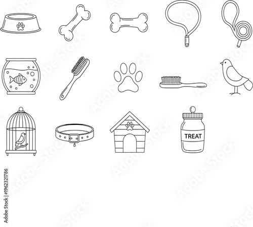 Pet care and accessories icon set