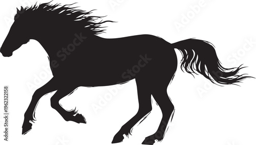 A sleek black stallion silhouette vector illustration of a wild running horse with a flowing mane and tail isolated on a white background as an elegant equine design symbol