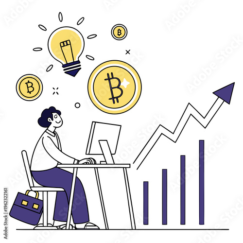 A cartoon illustration of a man sitting at a desk with a computer, surrounded by bitcoin symbols and a growing graph, representing cryptocurrency investment and financial growth