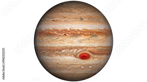 Jupiter s swirling orange brown white cloud bands with visible Great Red Spot, isolated on transparent background