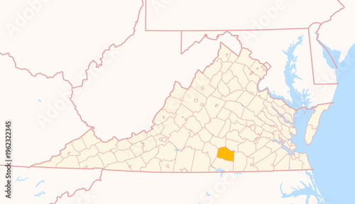 Map of the County Lunenburg (Virginia, US) showing the Federal State with the highlighted County
