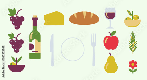 Assortment of Food and Drink Items Arranged Artistically.