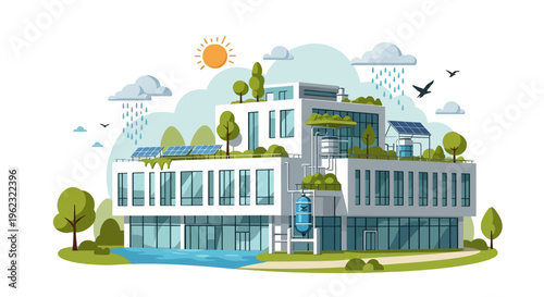 Sustainable Building Design with Green Roofs, Solar Panels, and Rainwater Harvesting System Illustration