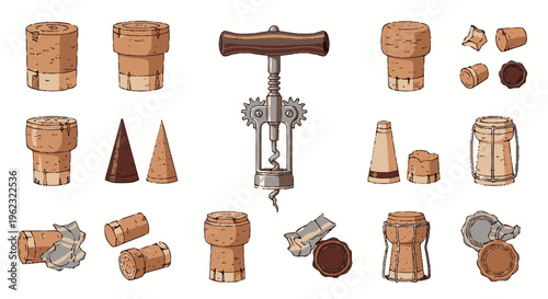 Collection of Wine Corks and Corkscrews Illustration.