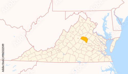 Map of the County Louisa (Virginia, US) showing the Federal State with the highlighted County