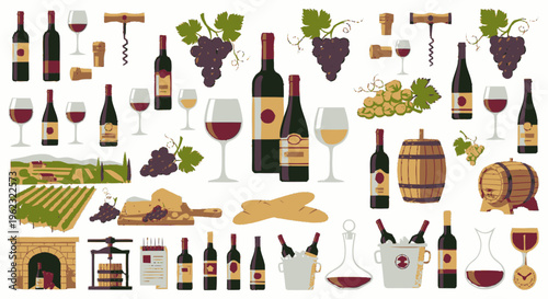 Collection of Wine Related Items and Vineyard Elements.